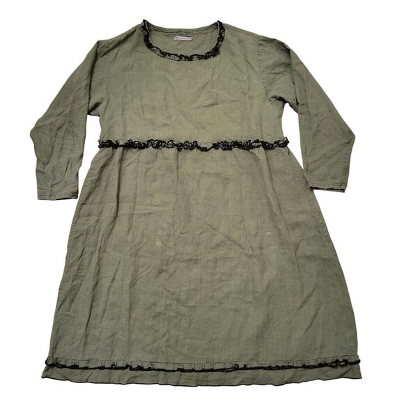 Sarah Clemens Olive Green Linen Dress Black Ruffle Trim Long Sleeve Midi Lagenlo